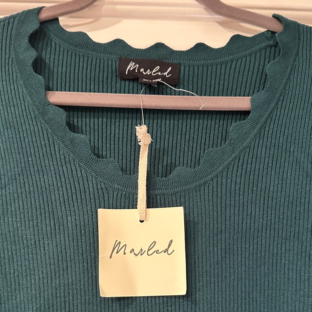MARLED Forest Green Scallop Neck Ribbed Sweater XL NWT